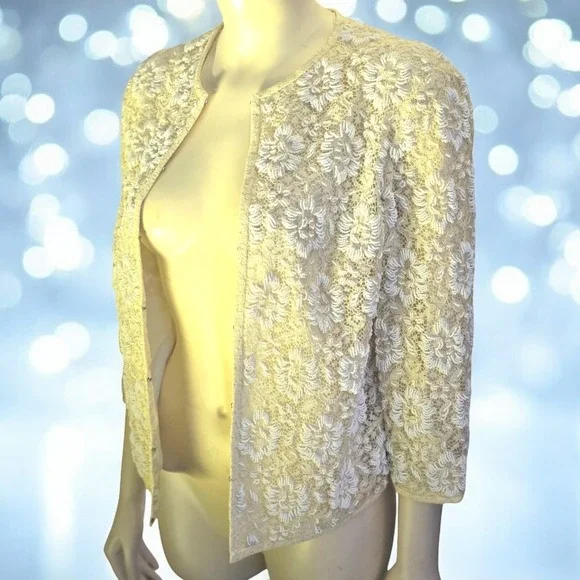 Chic Vintage 50s 60s Beaded All Over Cardigan Sweater In‎ White S-M